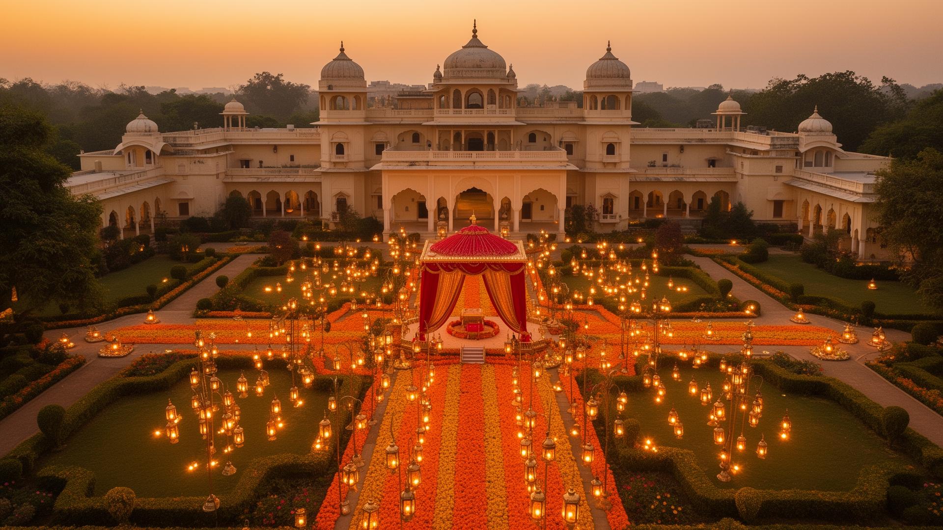 A Rajput palace at twilight prepared for an Indian luxury wedding